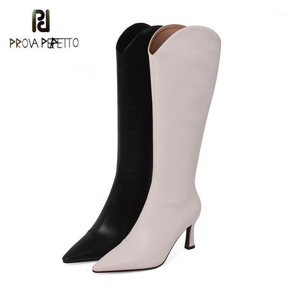 

boots cowhide elegant stiletto high heel v-mouth thin winter barrel knight leather stretch shoes women black white1