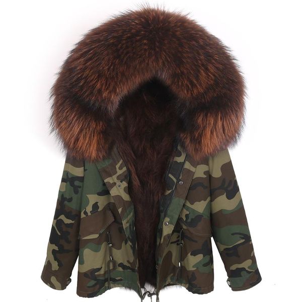 

2020 women natural real fur collar loose short parkas winter camouflage jacket big fur fashion outerwear detachable, Black