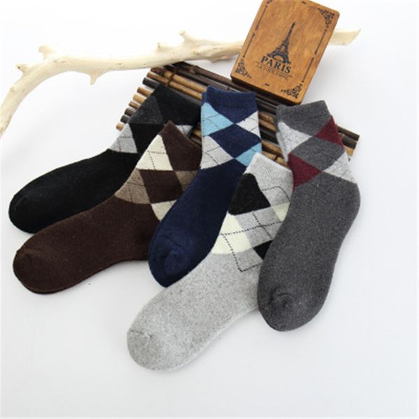 

mens fleece middle tube socks fashion trend rhombus pattern thickening stretch business socks winter male casual homme mid length warm sock, Black