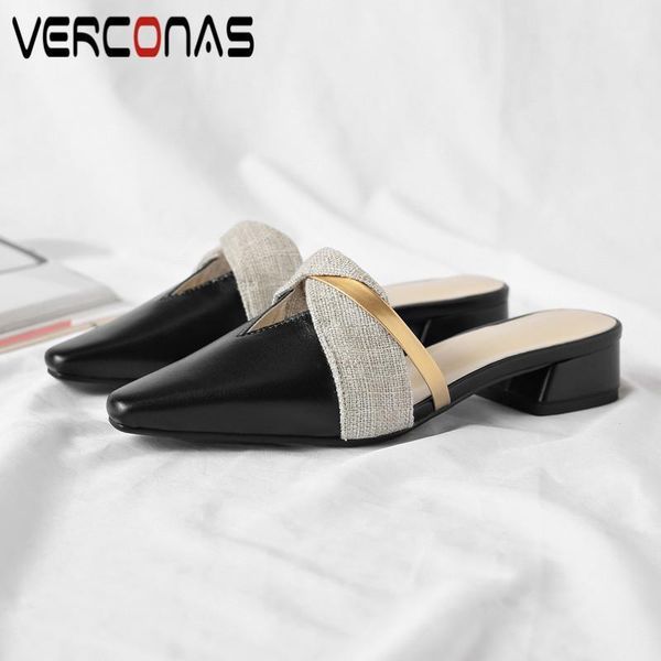 

verconas summer woman sandals genuine leather woman pumps summer metal decoration pointed toe square heeled shoes1, Black