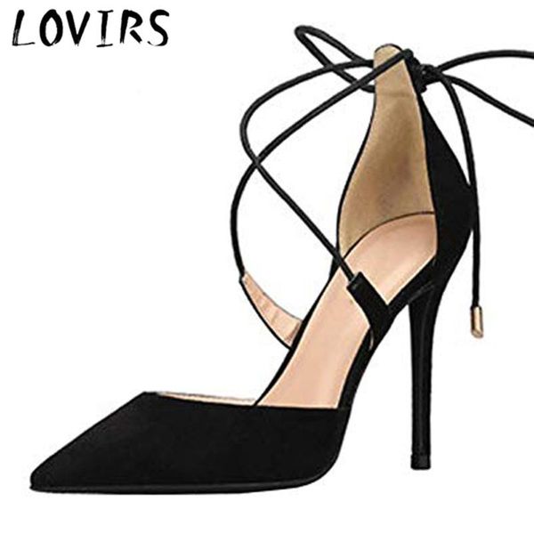 

lovirs женщин sexy высокий каблук черный острым носом зашнуровать suede stiletto насосы свадеб модельная обувь, Black