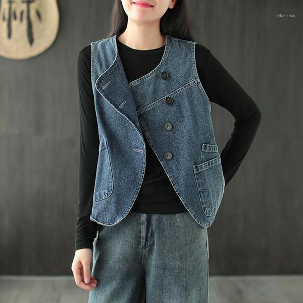 

johnature leisure all-match solid color o-neck single breasted denim vest 2021 autumn new loose comfortable women fashion vest1, Black;white