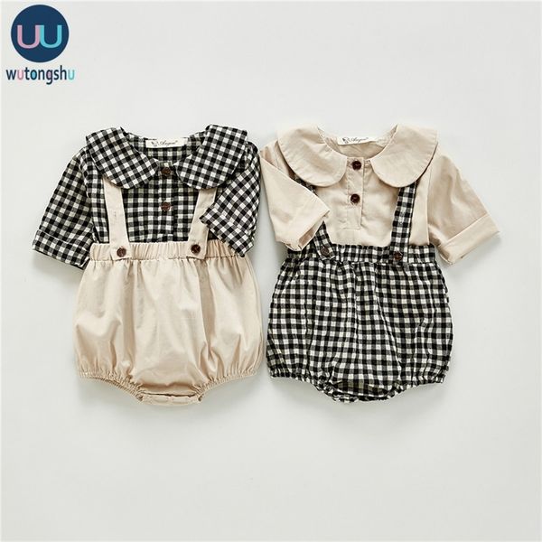 

newborn baby girls clothes autumn spring baby boys clothes set long sleeves plaid shirts + overalls kids outfits infant clothing lj201221, White