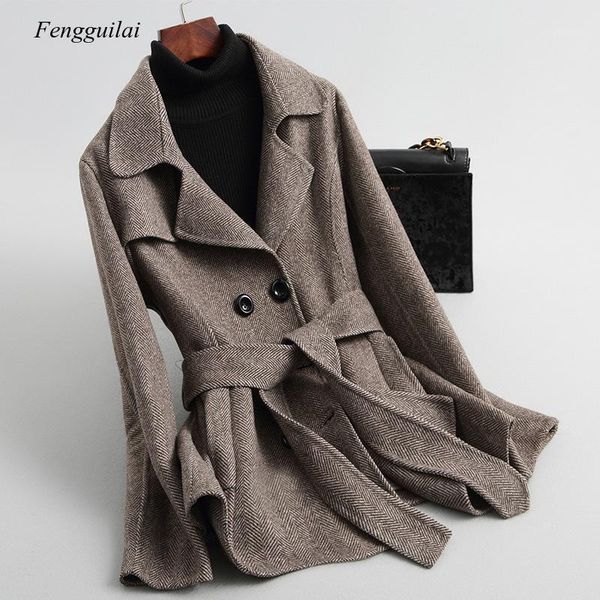 

women's double sided wool tweed blazer herringbone stripe bandage jacket coat1, Black