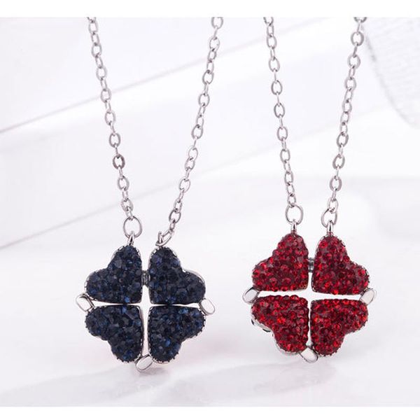 

fashion women girls alloy necklace creative red blue double sided four heart clover pendant lucky grass clavicle chain necklaces, Silver