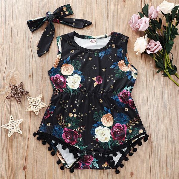 

clothing sets summer born baby girl clothes sleeveless floral print tassel romper jumpsuit headband 2pcs outfits set1, White