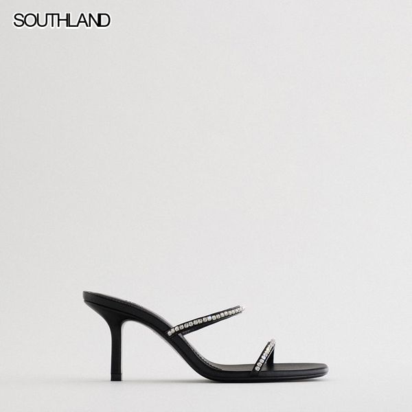 

southland women's shoes black square head rhinestone accessories high-heeled sandals c0202