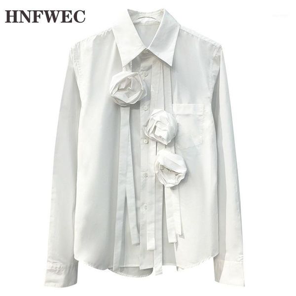 

fashion spring autumn 2020 women white three-dimensional flower stitch blouse new lapel long sleeve loose fit shirt t0181