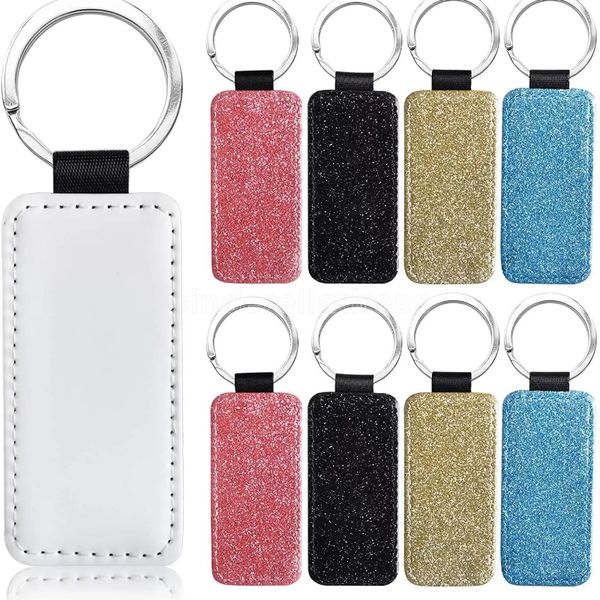 Sublimasyon Boşluklar Anahtarlık Teryakları Glitter Keychain PU Deri Isı Transferi Anahtarlama Yuvarlak Kalp Dikdörtgen Meydanı Özel Olabilir