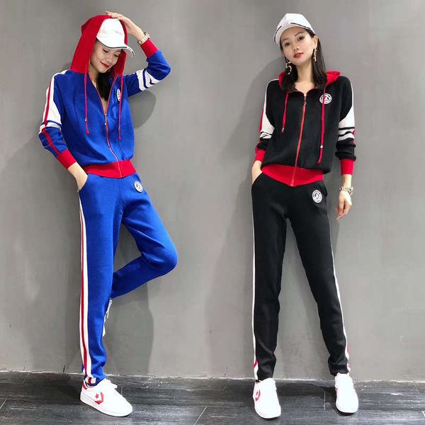 

spring autumn fashion two piece knitted leisure sports suit for women, Gray