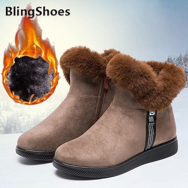 

winter new snow boots flock zip round toe thicken non-slip ankle boots solid plush furry warm suede platform shoes plus size, Black