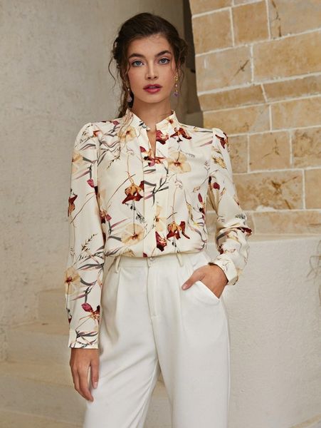 

floral print notch neck blouse 35cu#, White