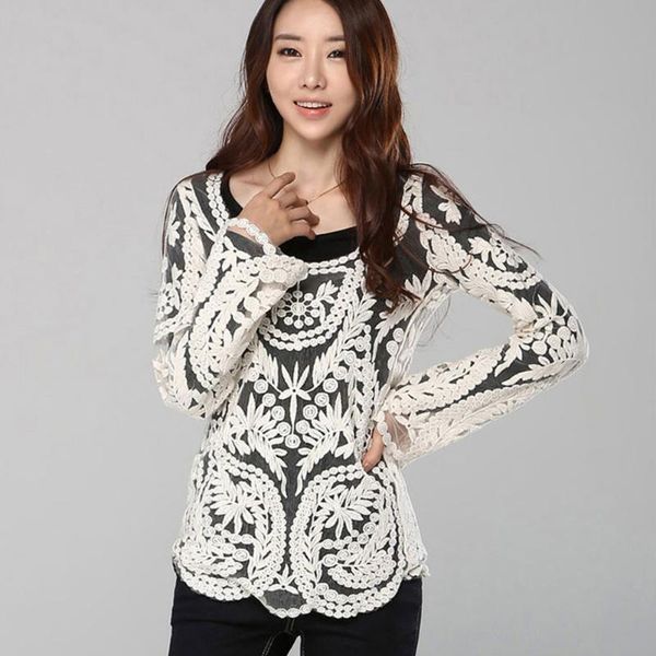 

мода crochet lace tops женщины блузы выдалбливают lady lace рубашка блузка, White