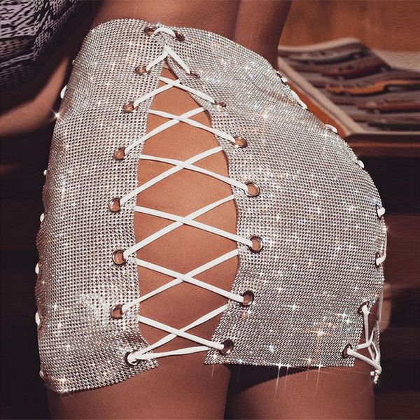 

luxury glitter metal crystal diamonds skirts women hollow out diamonds rhinestone lace up clubwear nightclub mini skirt 1014, Black