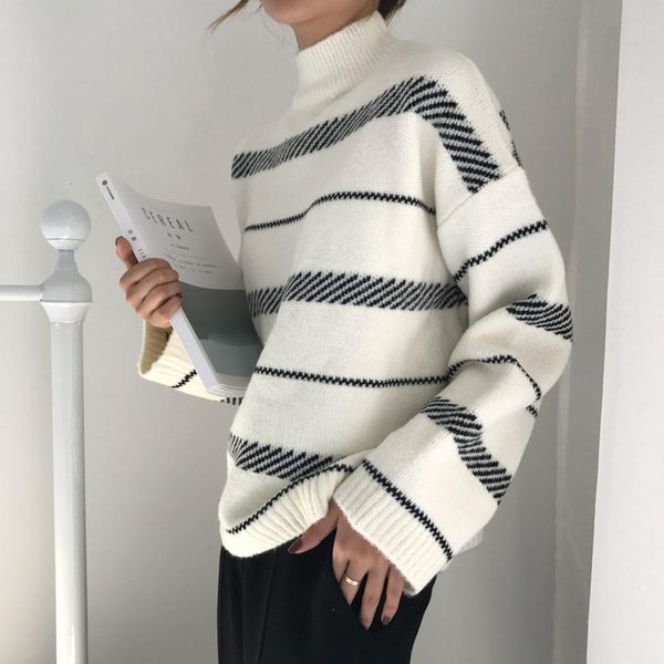 

women's sweaters chic vintage striped sweater 2019 trend loose street style lazy literary temperament female unique women, White;black