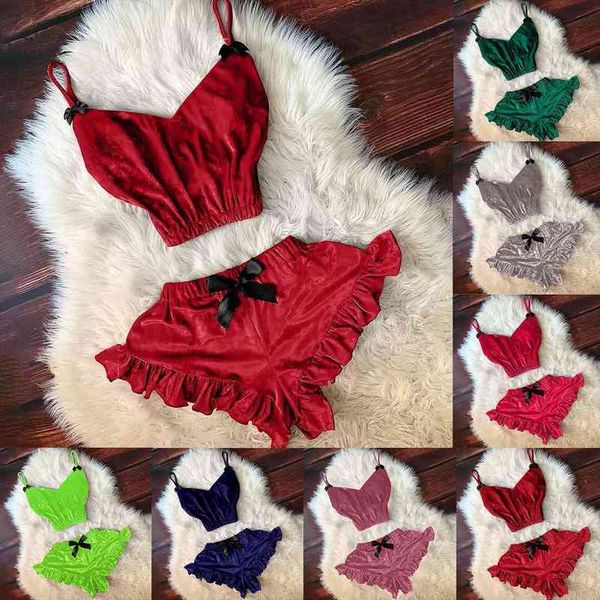 

ladies pajama set cute ruffled sleepwear silk v neck pijama velvet night home suits sleeveless cami and shorts, Black;red