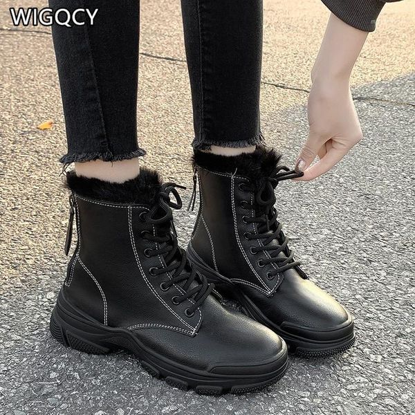 

boots 2021 autumn winter rear zipper short leather lace up thick-soled snow plus velvet women w4351, Black