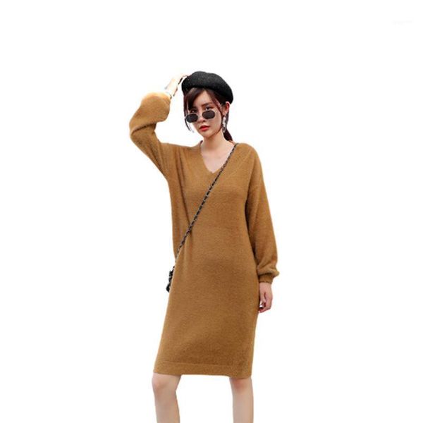 

4 colors v neck long sleeve sweater dress women autumn winter loose tunic knitted casual clothes above knee mini solid pullover1, White;black