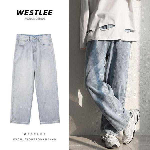 

2020 new men's casual loose straight middle waist jeans neutral solid color trousers hombre male full length pants s-2xl1, Blue