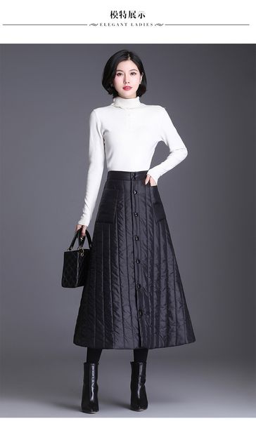 

2021 new womens high waist autumn winter saia quilted padded button midi a-line skirts female flare swing streetwear spp5, Black