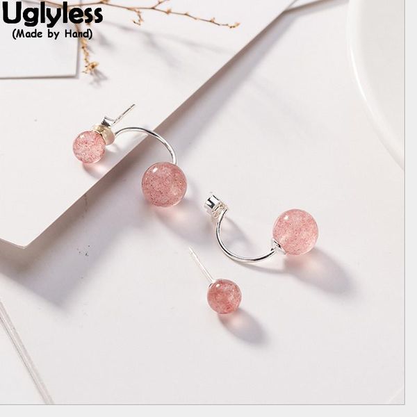 

uglyless natural pink strawberry quartz balls stud earrings for women genuine 925 silver dual use detachable studs fine jewelry, Golden;silver