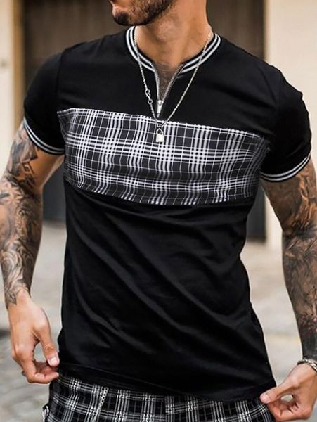 

men plaid quarter zipper striped trim polo shirt y9aa#, White;black