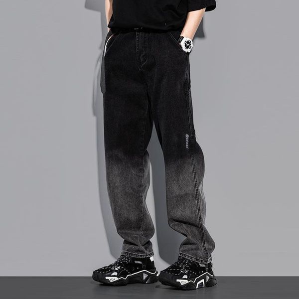 

men's jeans fashion streetwear men loose fit retro grad color straight hip hop denim pants hombre wide leg trousers, Blue