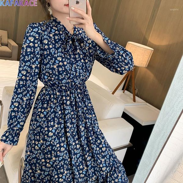 

kafakace 2021 women chiffon dress tie spring floral print a-line french dress style vestidos fashion elegant lady casual dresses1, Black;gray