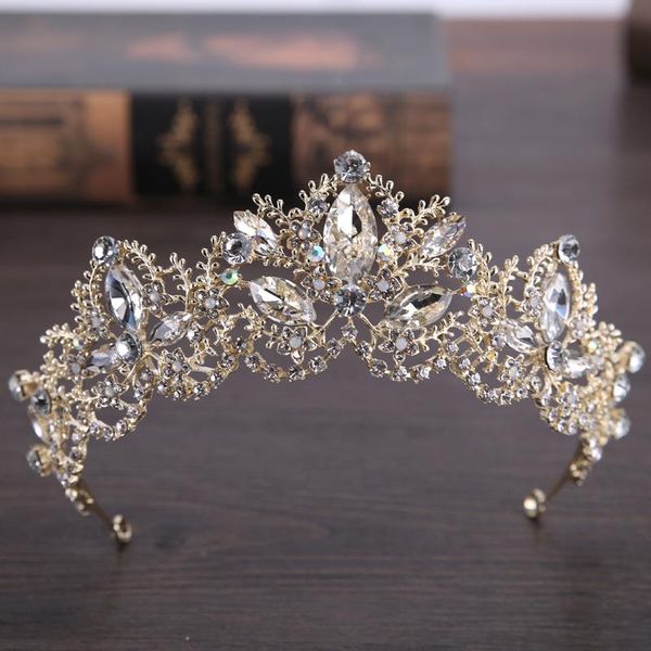 

baroque luxury big rhinestone bridal crown tiaras light gold crystal diadem tiara for bride headbands wedding hair accessories, Golden;silver