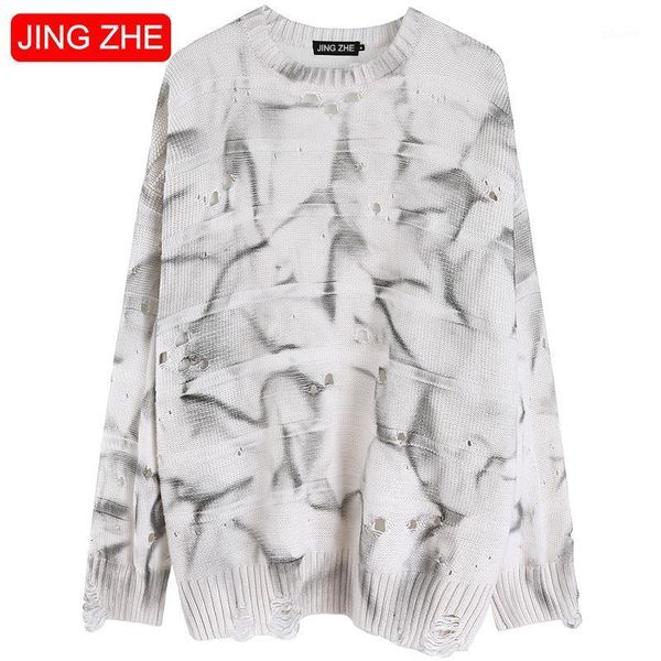 

jing zhe winter men sweaters hole knitwear tie-dyed knitted sweater oversize pullover male clothes distressed hipster streetwear1, White;black