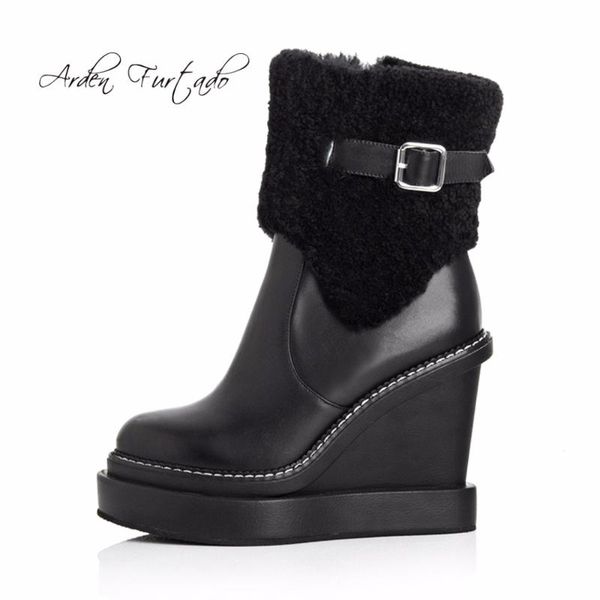 

arden furtado 2020 winter new high heels genuine leather fashion shoe woman platform wedges fur zipper snow boots ankle boots, Black