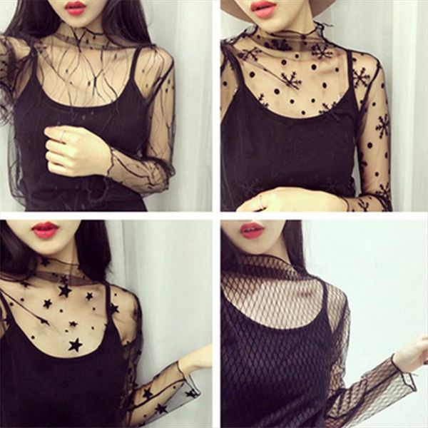 

women harajuku mesh net see through t shirt hollow transparent undershirt star dot base camisas femininas clubwear ts01, White