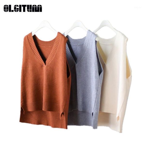 

spring knit vest loose teenager girls pullovers casual women's sweater vest v-neck solid female vests ve0991, Black;white