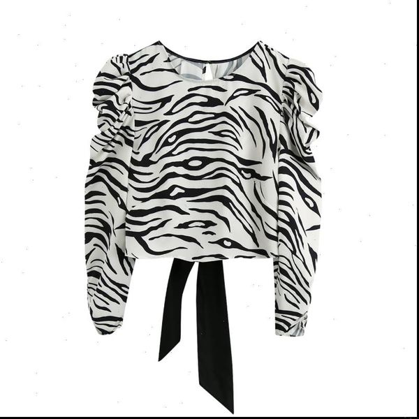 

women zebra stripe print puff sleeve short shirt vintage femme back fork bow blouse casual lady loose smock blusas, White