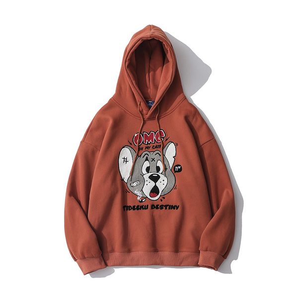 

fashion designer hooded male cartoon mouse embroidery plus velvet sweater hip-hop fashion pullover hoodie 3 colors animal print loose, Black