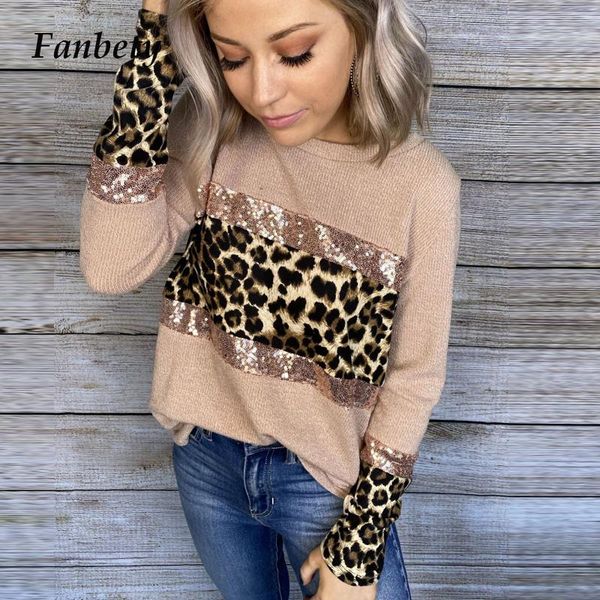 

women elegant leopard print sequin glitter blouse shirt 2020 autumn casual long sleeve pullover ladies 2xl o-neck rib blusa, White