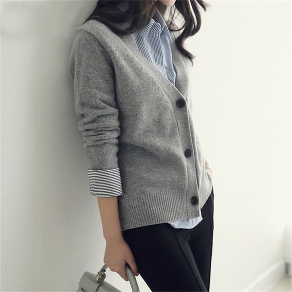 

basic brief v neck cardigan sweater women knitted cardigans black grey beige s-2xl y201012, White;black
