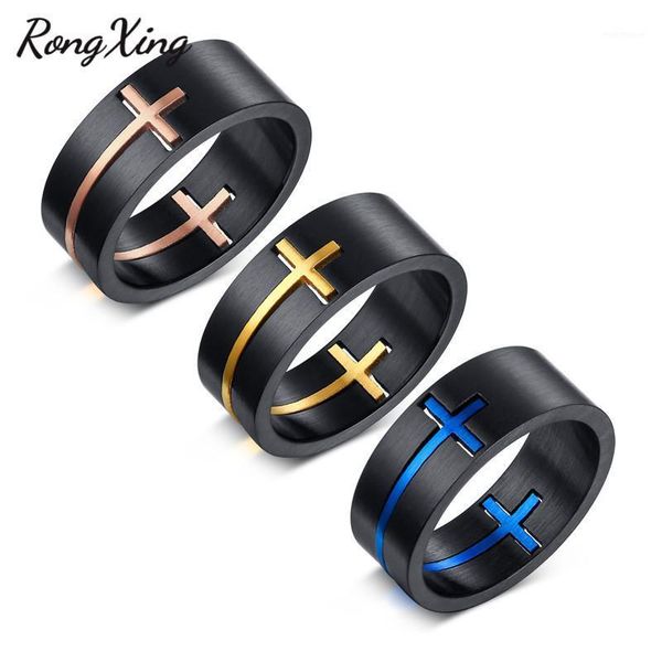 

rongxing retro black stainless steel detachable rings for men vintage fashion gold/blue/rose gold cross ring wedding party gifts1, Slivery;golden