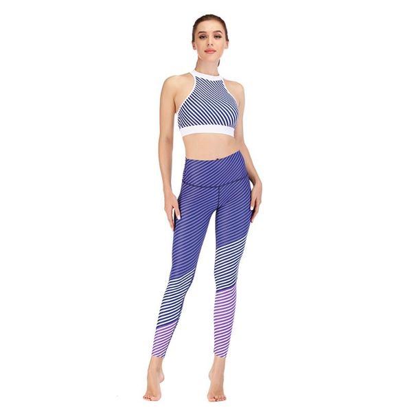 

yoga outfits blue striped hanging neck women sets fitness suit sports running set tracksuit gym sportswear leggings tight workout, White;red