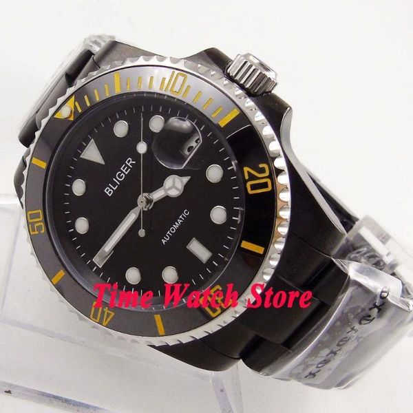

wristwatches bliger 40mm miyota 8215 pvd case automatic watch men sapphire glass blackl dial date luminous ceramic bezel 1681, Slivery;brown