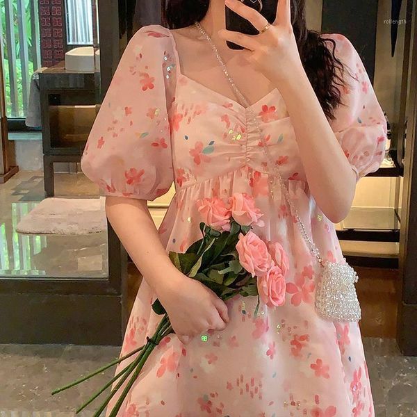 

pink sequin fairy dress women elegant floral sweet chiffon dress female casual loose kawaii summer party 2020 korean style1, Black;gray