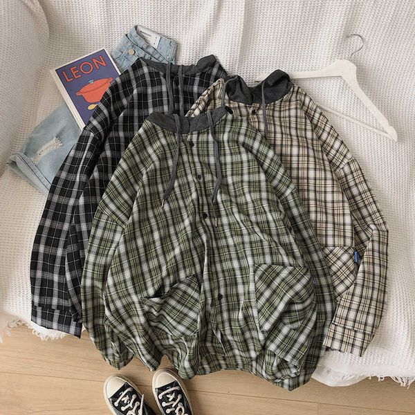 

spring 2021 new trend couple loose plaid long sleeve hooded shirt coat men's, White;black