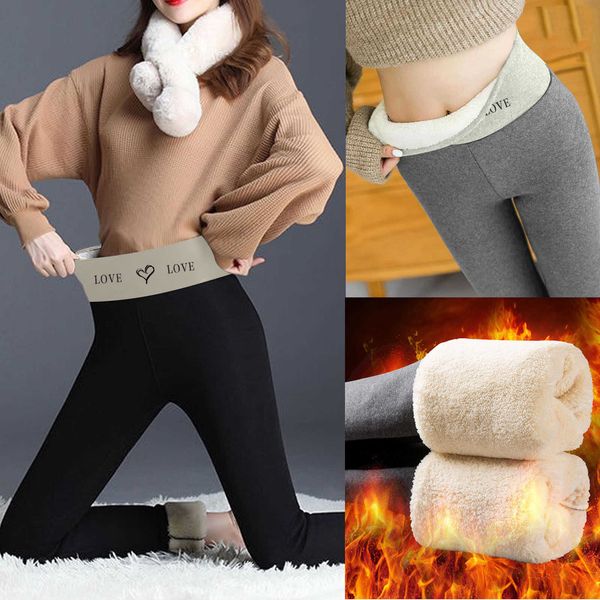 

women's solid fleece waist letter love printing plush leggings, Black