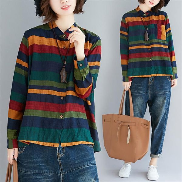 

весна осень женщины женщины моды марка vintage красочный полосатый хлопок белье стенд воротник сыпучие повседневная рубашка с длинным рукаво, White