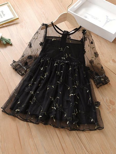 

little girl flower embroidery mesh dress she, Red;yellow