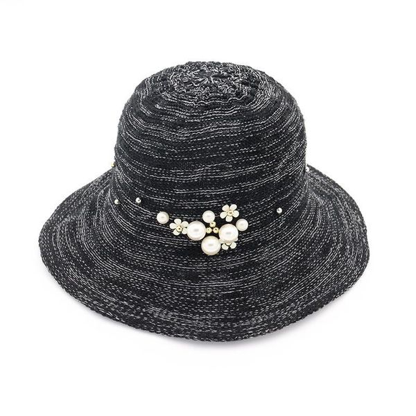 

korean summer hats pearl decoration sunhats for women men summer mixed weaving hats beach visor caps panama hat, Blue;gray