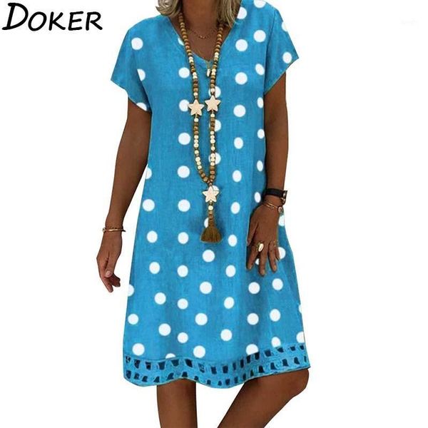 

2020 summer casual midi dress womens polka dot v-neck short sleeve loose plus size vintage dresses woman large size boho dress1, Black;gray