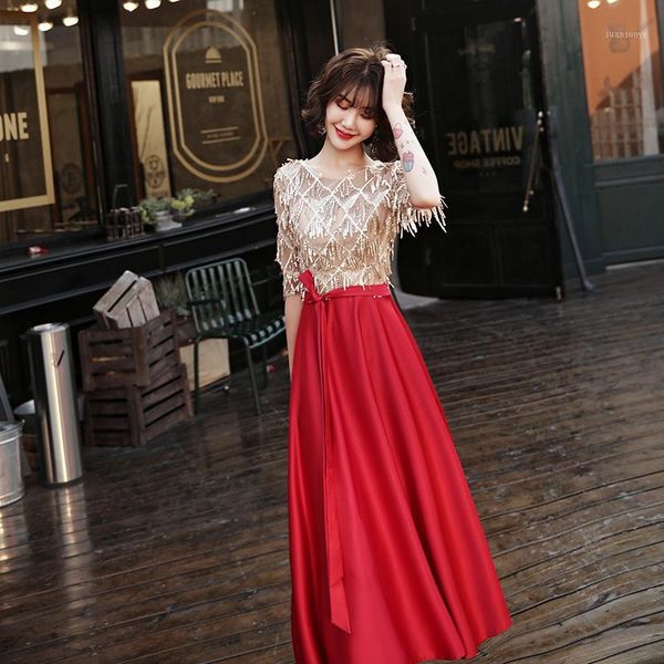 

tassel burgundy sequins exquisite prom party dress elegant plaid perspective qipao half sleeve chinese cheongsam vestidos1, Red