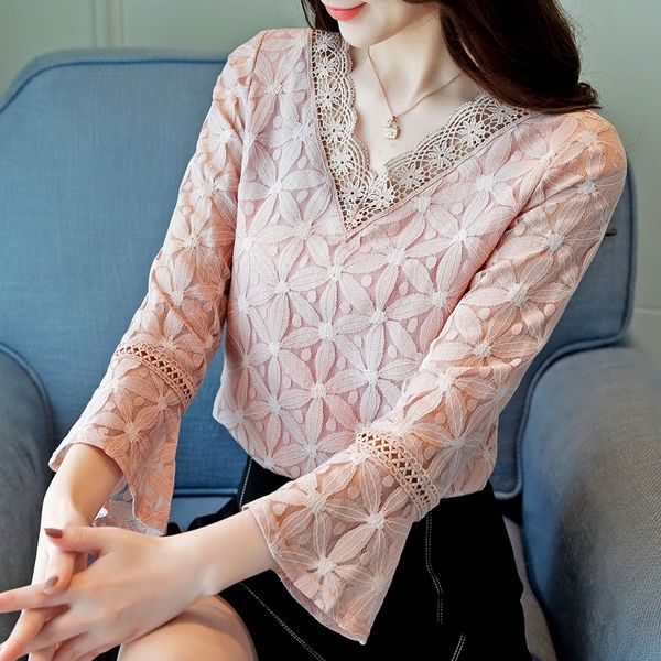 

fashion blouses long sleeve lace pink v-neck blouse blusa feminina shirt women 0909 40 y200828, White