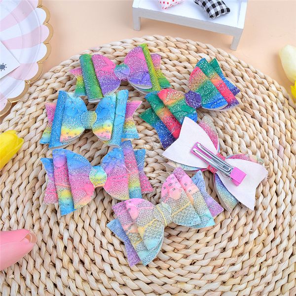 

3.5inch glitter bow hair clip hairpin girls bowknot gradient rainbow color hair pins sequins barrette party hair accessories headdress d9307, Golden;white